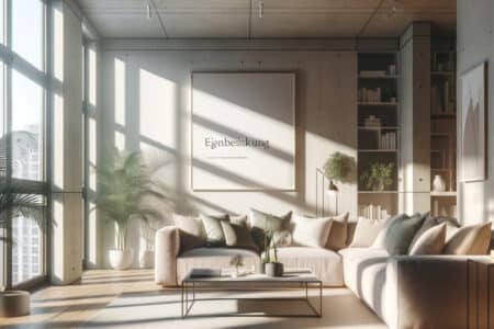 Modernes, gemütliches Wohnzimmer mit Sonnenlicht, das durch große Fenster strömt, und einem einladenden Sofa. Stilvolle Einrichtung und grüne Zimmerpflanzen vermitteln Wärme und das Potenzial für neue Anfänge in einem Zuhause, das bald den Besitzer wechseln könnte.