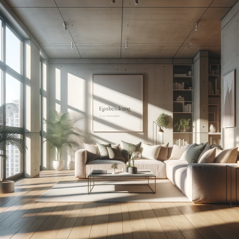 Modernes, gemütliches Wohnzimmer mit Sonnenlicht, das durch große Fenster strömt, und einem einladenden Sofa. Stilvolle Einrichtung und grüne Zimmerpflanzen vermitteln Wärme und das Potenzial für neue Anfänge in einem Zuhause, das bald den Besitzer wechseln könnte.