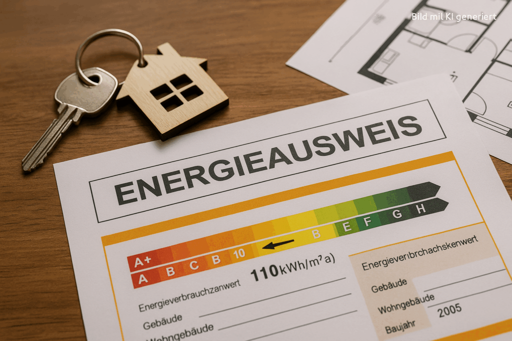 Energieausweis mit Effizienzskala liegt auf einem Holztisch neben einem Schlüssel und einem Grundriss