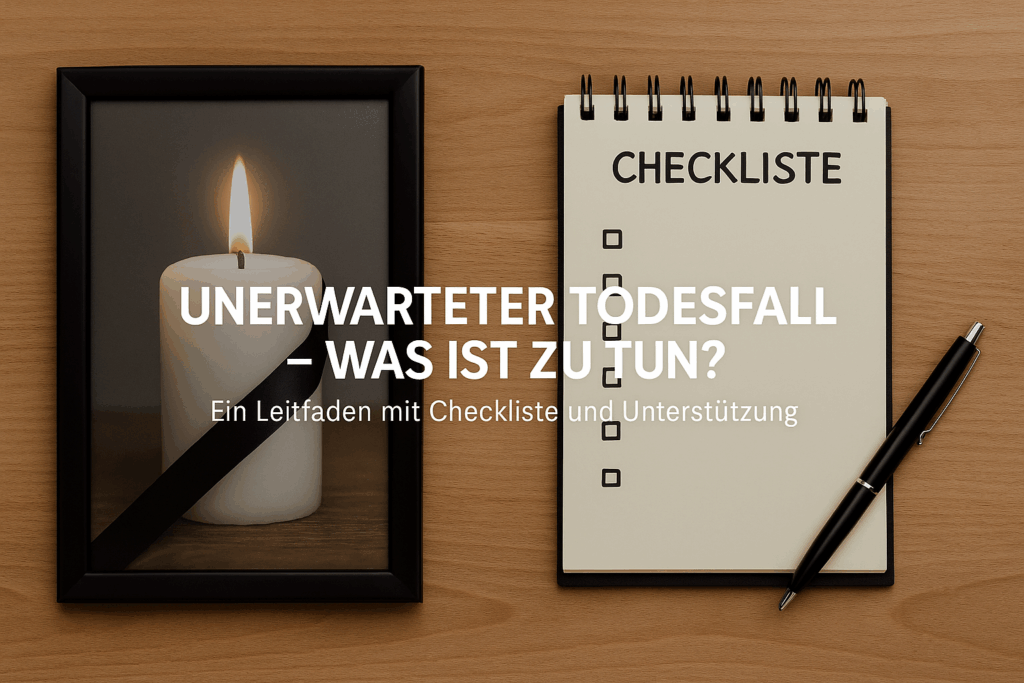 Kerze mit Trauerschleife und Checkliste zum Thema unerwarteter Todesfall – Leitfaden und Unterstützung bei Immobilien und Finanzen