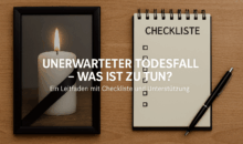 „Kerze mit Trauerschleife und Checkliste zum Thema unerwarteter Todesfall – Leitfaden und Unterstützung bei Immobilien und Finanzen