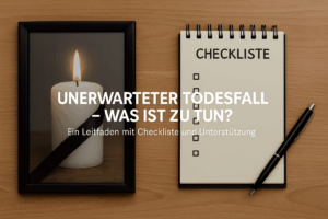 „Kerze mit Trauerschleife und Checkliste zum Thema unerwarteter Todesfall – Leitfaden und Unterstützung bei Immobilien und Finanzen