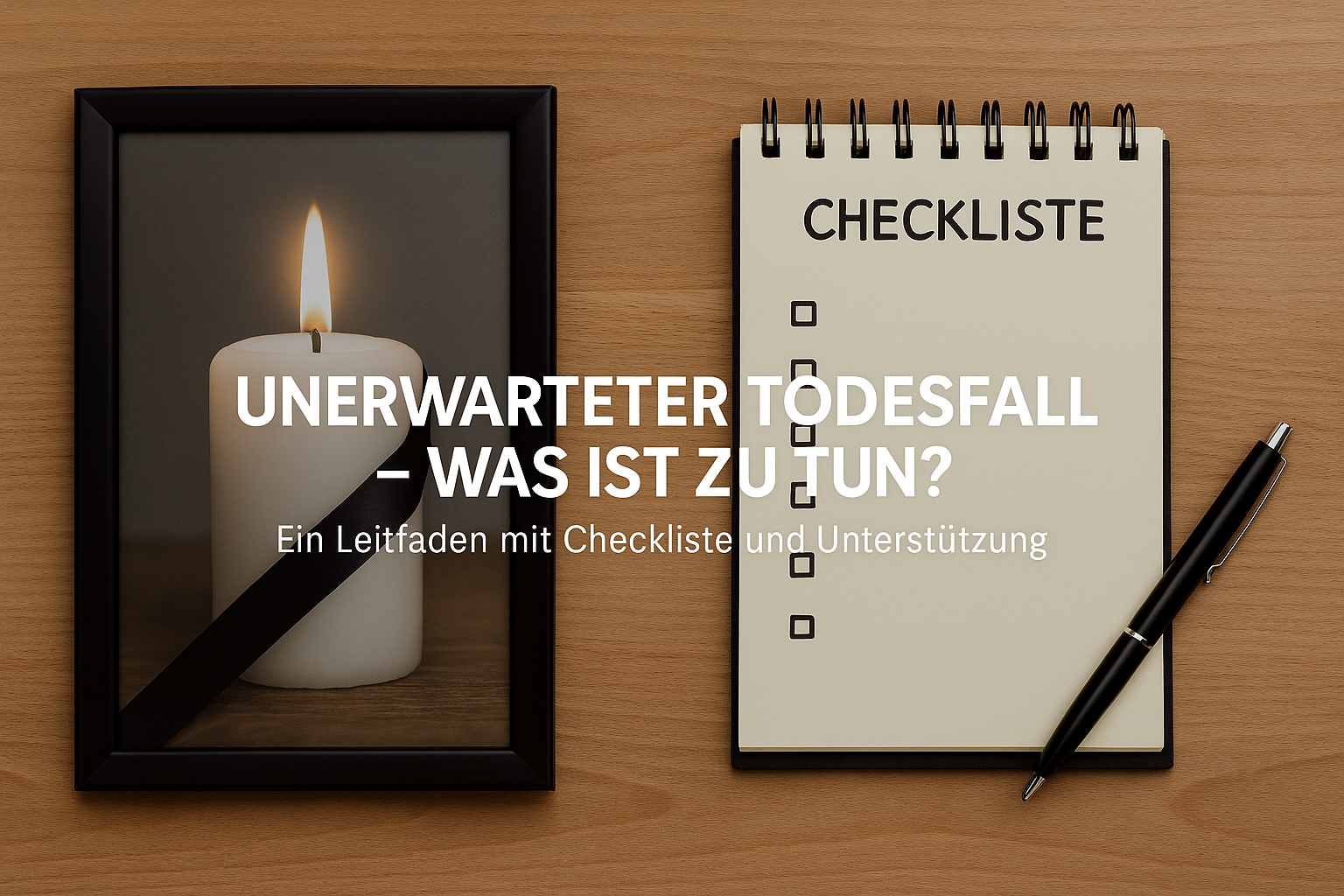 „Kerze mit Trauerschleife und Checkliste zum Thema unerwarteter Todesfall – Leitfaden und Unterstützung bei Immobilien und Finanzen