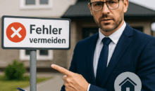 Immobilienmakler vor einem Haus zeigt auf ein Schild mit der Aufschrift ‚Fehler vermeiden‘ – Ratgeber zu häufigen Makler-Fehlern beim Immobilienverkauf