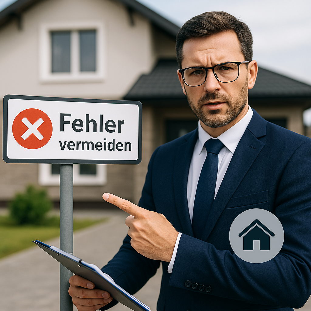 Immobilienmakler vor einem Haus zeigt auf ein Schild mit der Aufschrift ‚Fehler vermeiden‘ – Ratgeber zu häufigen Makler-Fehlern beim Immobilienverkauf
