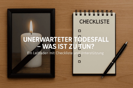 „Kerze mit Trauerschleife und Checkliste zum Thema unerwarteter Todesfall – Leitfaden und Unterstützung bei Immobilien und Finanzen