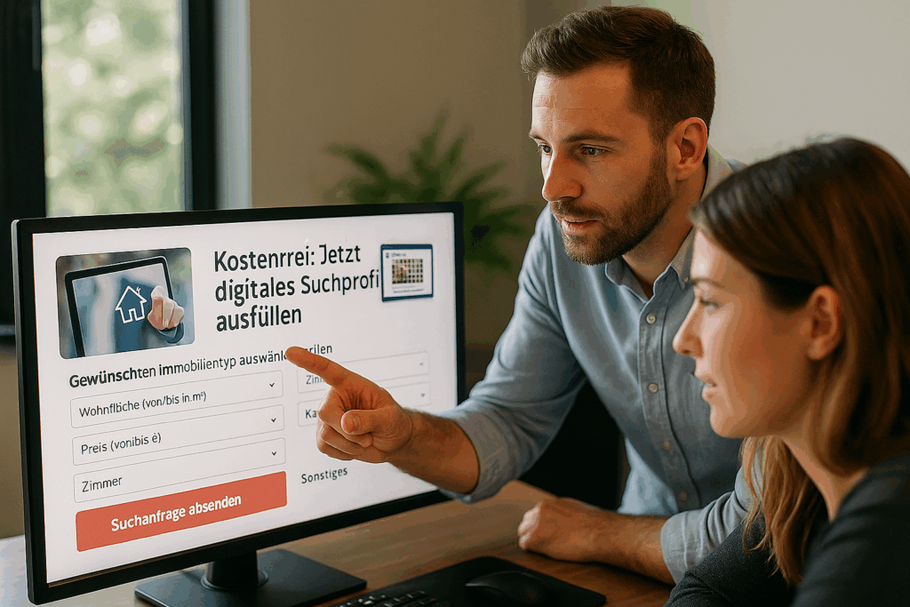 Zwei Personen vor einem Bildschirm beim Ausfüllen eines digitalen Suchprofils für Immobilien auf der Website von Der Baufi Berater.