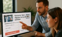 Zwei Personen vor einem Bildschirm beim Ausfüllen eines digitalen Suchprofils für Immobilien auf der Website von Der Baufi Berater.