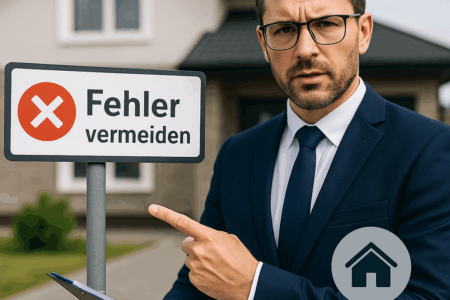 Immobilienmakler vor einem Haus zeigt auf ein Schild mit der Aufschrift ‚Fehler vermeiden‘ – Ratgeber zu häufigen Makler-Fehlern beim Immobilienverkauf