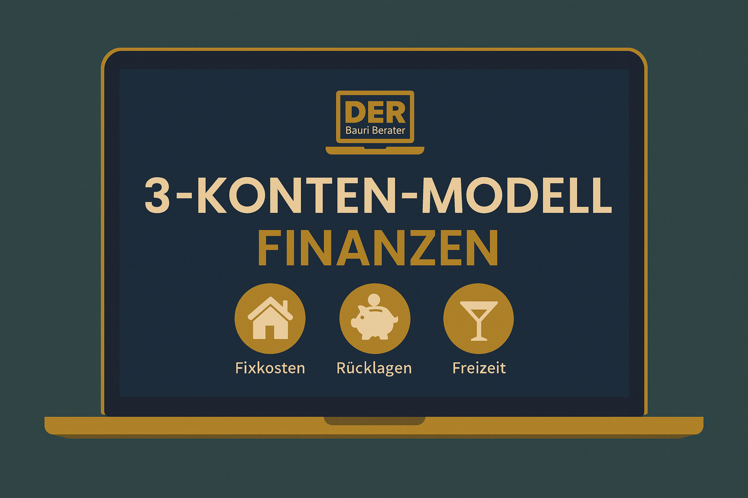 Laptop mit Logo Der Baufi Berater und 3-Konten-Modell Finanzen – Fixkosten, Rücklagen, Freizeit