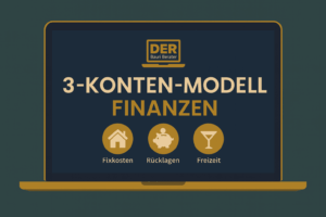 Laptop mit Logo Der Baufi Berater und 3-Konten-Modell Finanzen – Fixkosten, Rücklagen, Freizeit